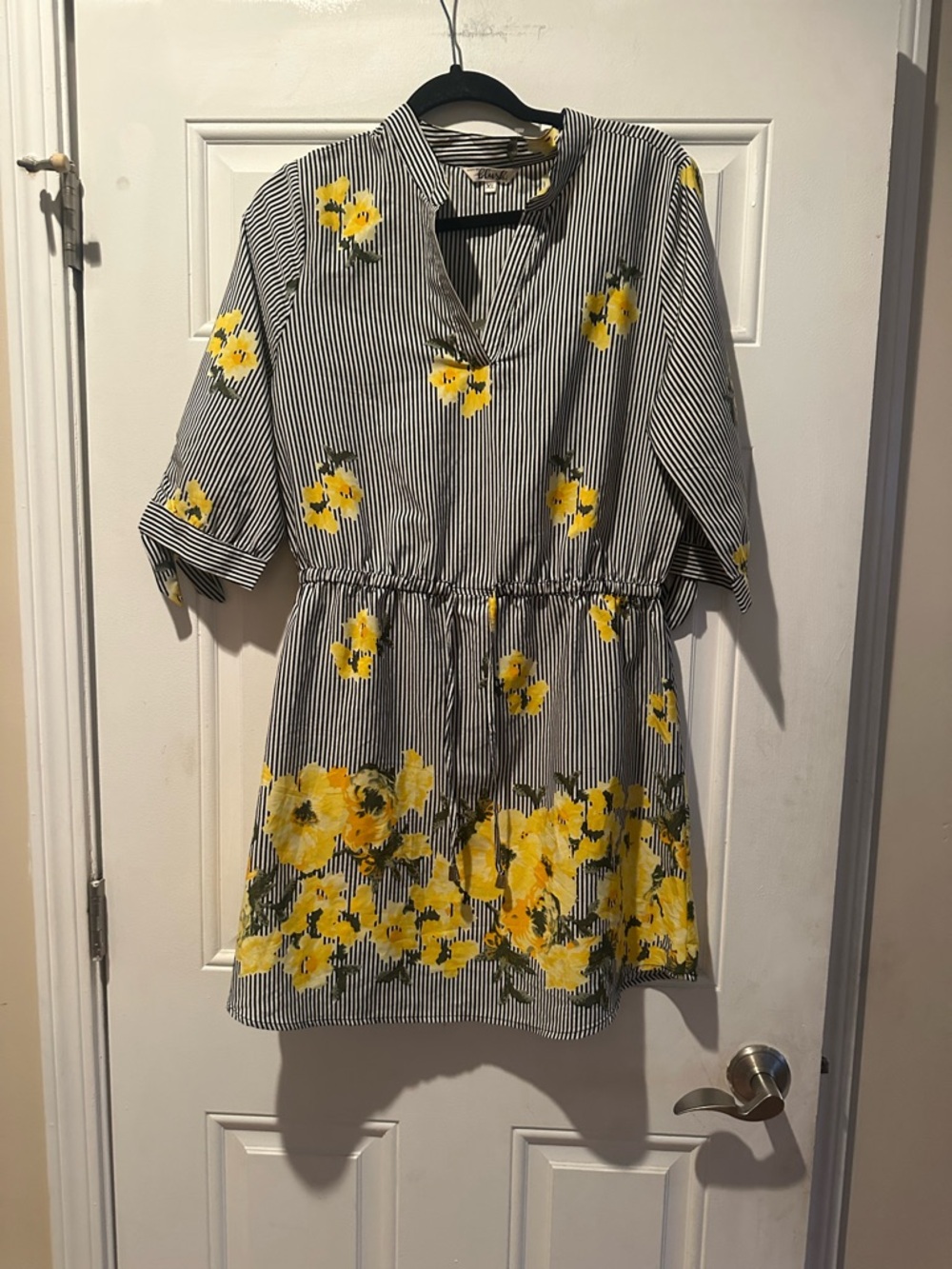 Blush Black-and-White Striped Mini Dress with Yellow Floral Accents